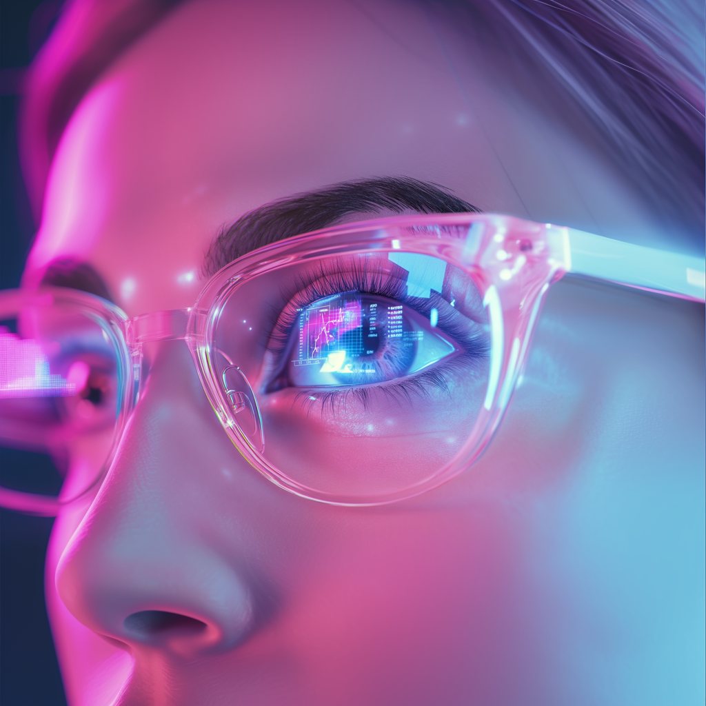 woman with glasses reflecting technical display details